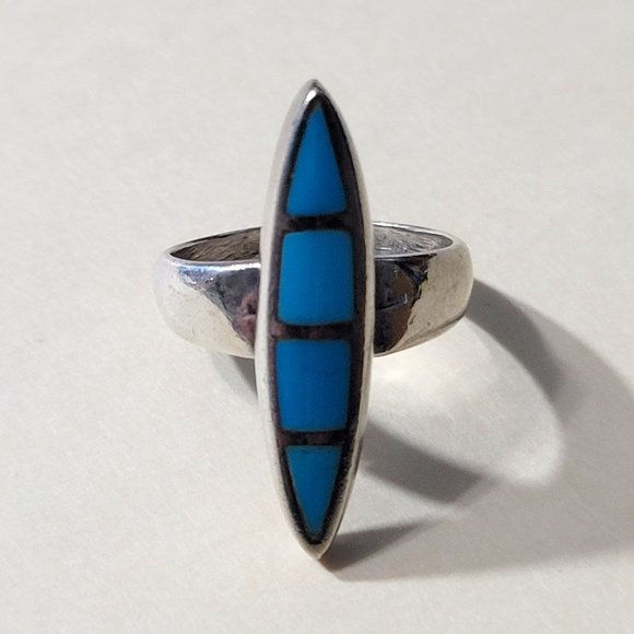 Sterling Silver and Turquoise inlay ring - size   6 1/2 - Picture 1 of 9